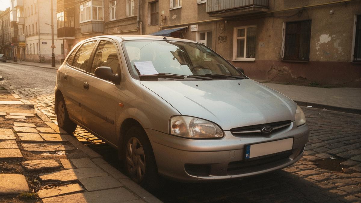 Compact rental car parked on a cobbled Kyiv side street with a printed route card on the dashboard