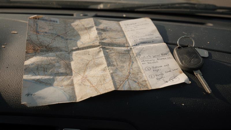 Folded paper road map with handwritten notes beside car keys on a car dashboard